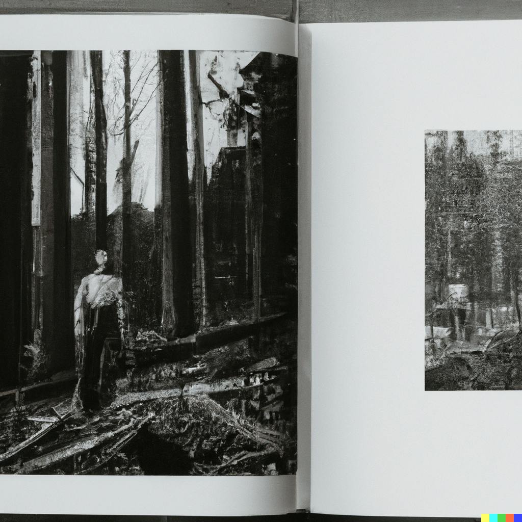 DALL·E 2023-10-26 00.42.29 - opened minimal photo book layflat black two page spread with with vintage 1900s black and white photographs of lumberjack workers in new england.png