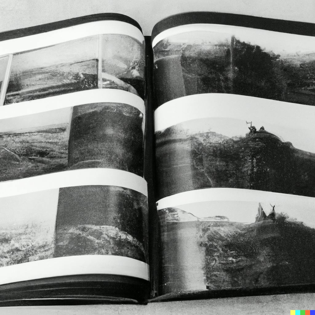 DALL·E 2023-10-26 00.44.52 - opened minimal photo book black pages spread with vintage 1900s black and white photographs of logging in new england.png
