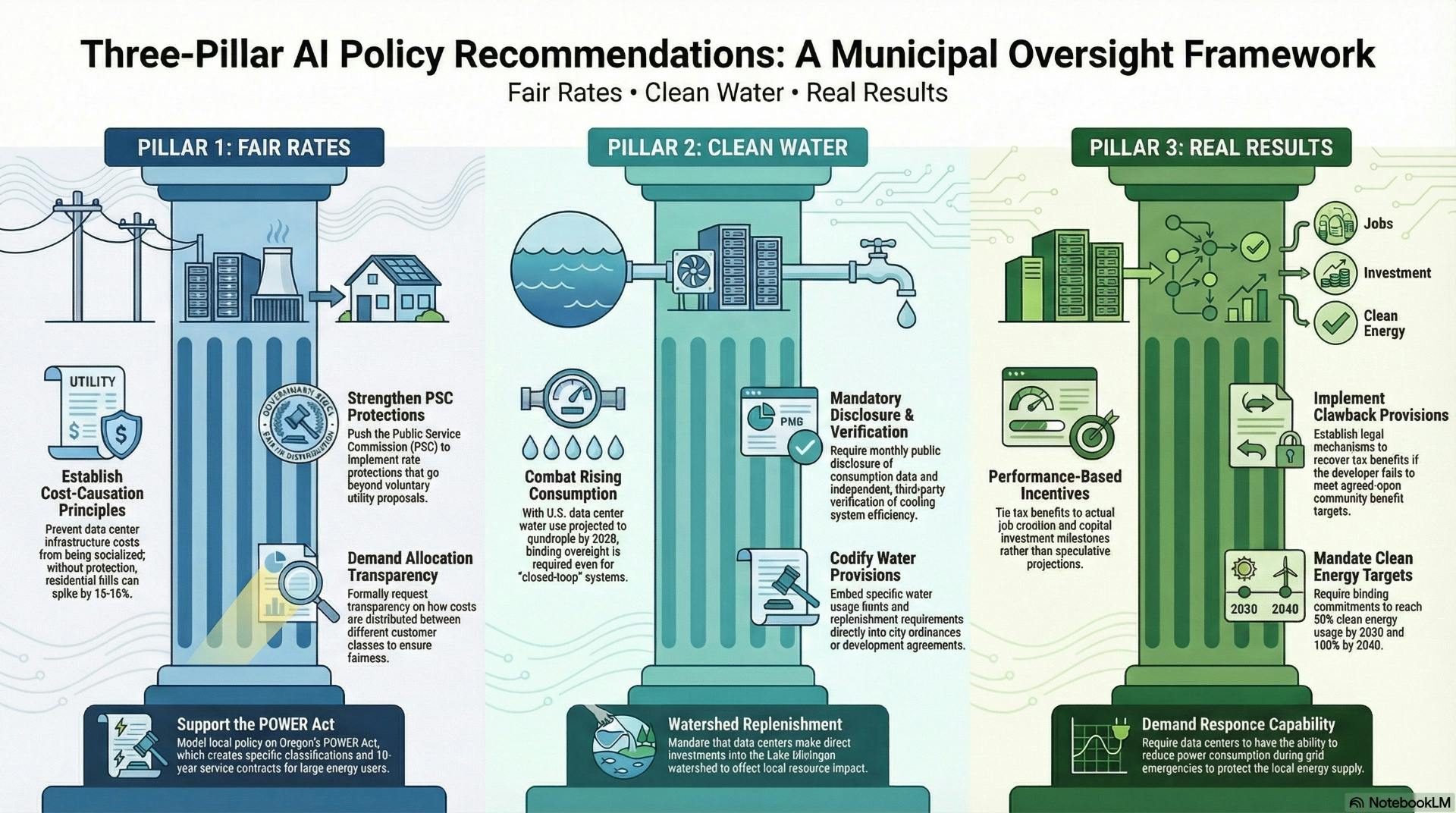 infographic displaying 3 columns as follows: Pillar 1: Fair Rates, Pillar 2: Clean Water, Pillar 3: Real Results. Smaller icons contain details which can also be found in the text of the blog post.