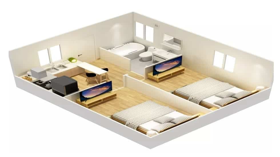 Thiết kế không gian bên trong nhà 2 phòng ngủ