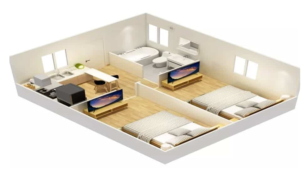 Thiết kế không gian bên trong nhà 2 phòng ngủ