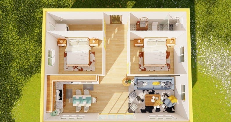 Cách bố trí không gian nhà lắp ghép 2 phòng ngủ cơ bản 