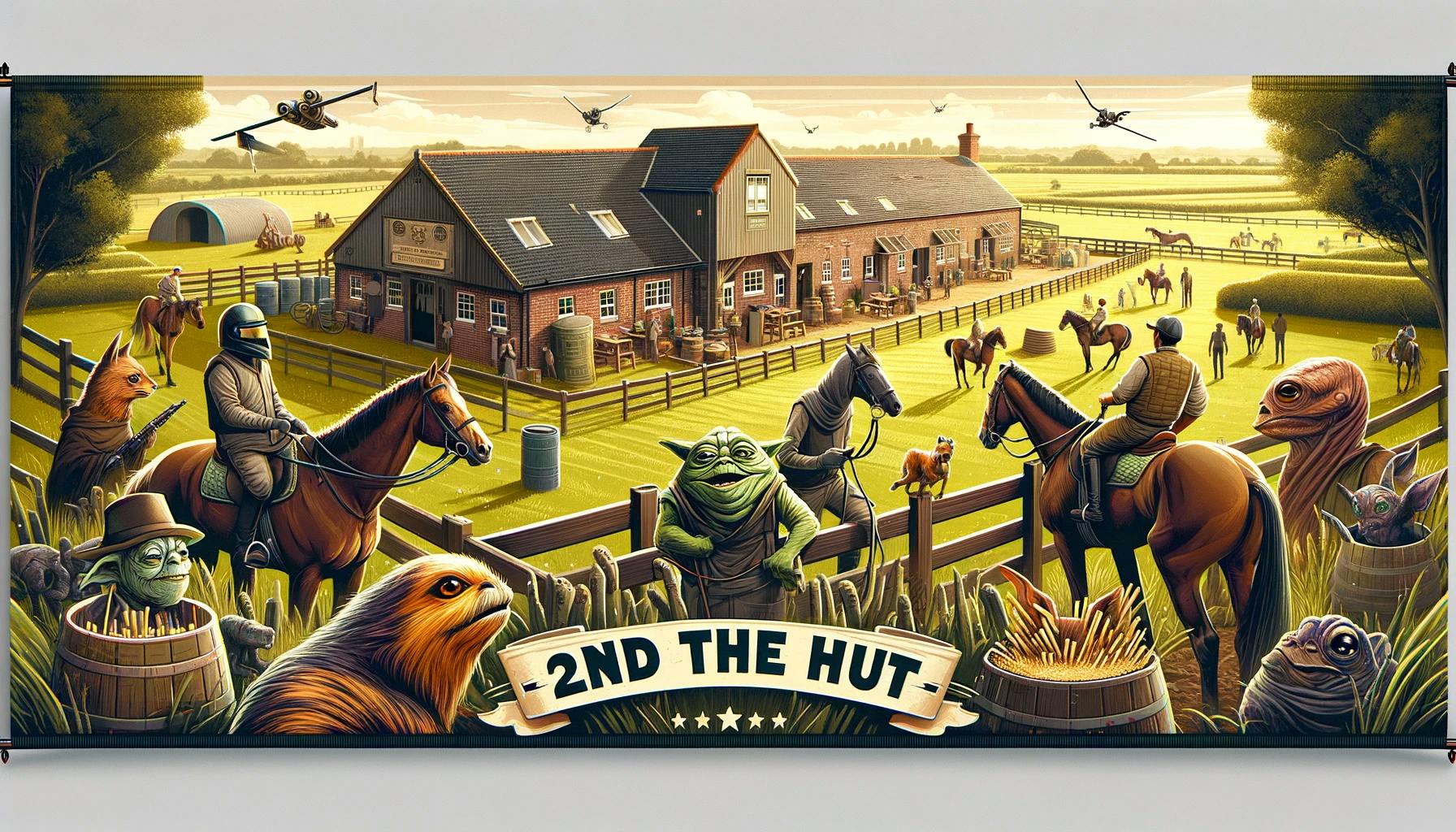 DALL·E 2024-03-28 12.22.05 - Design a banner image for the stables named '2nd the Hut', capturing the essence of a place that is both welcoming and filled with the spirit of compe.webp