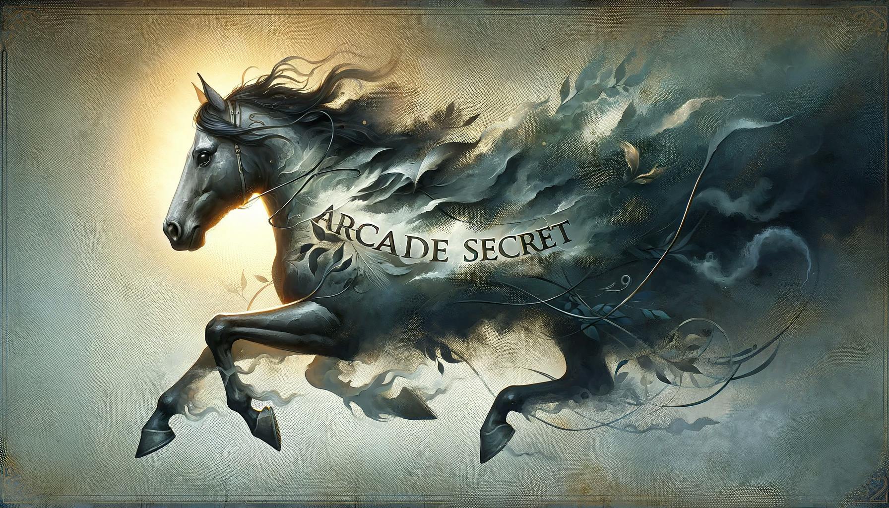 DALL·E 2024-03-28 12.23.02 - Revise the banner image for 'Arcade Secret', integrating the name 'Arcade Secret' into the design in a manner that the horse conceals most of the text.webp