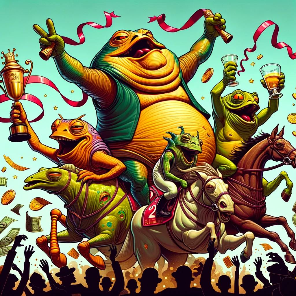 DALL·E 2024-03-28 07.13.59 - Redesign the victory scene with a more pronounced, cartoony feel, while maintaining the subtle essence of Jabba the Hutt's iconic silhouette. These cr.webp