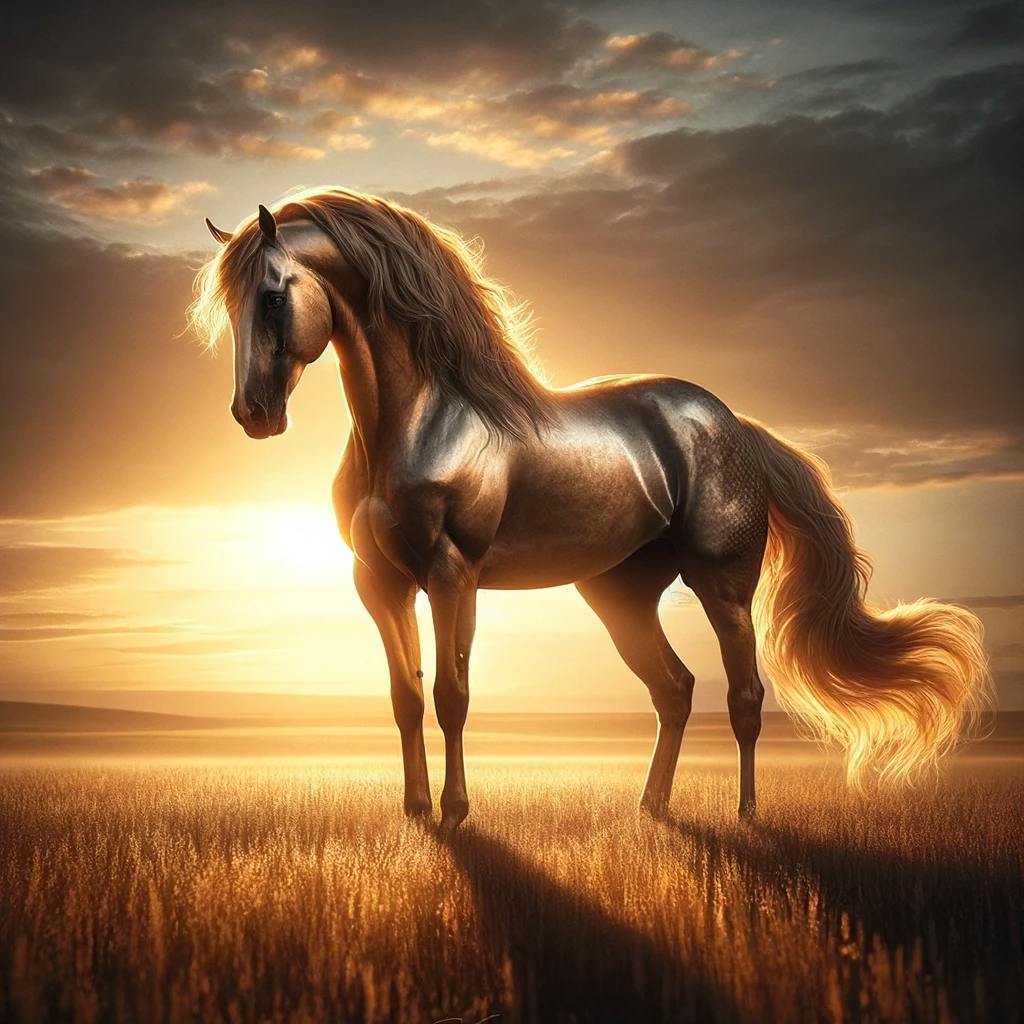 DALL·E 2024-03-28 10.54.04 - Imagine an image of a majestic horse that embodies the spirit and name of 'The Sundance Kid'. This horse stands tall and proud, its coat shimmering wi.webp