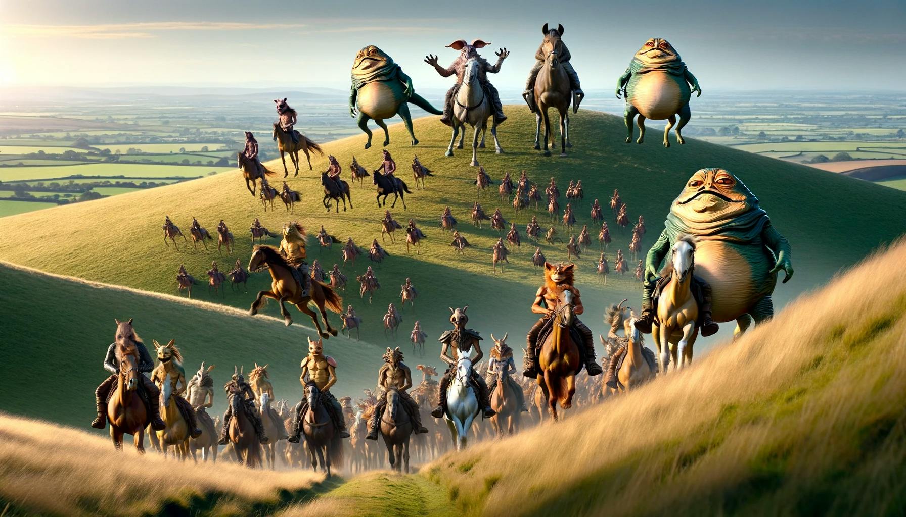DALL·E 2024-03-28 12.24.44 - Create a wide cover photo capturing a quirky and interesting scene of creatures vaguely reminiscent of Jabba the Hutt in style, all joyously riding ho.webp