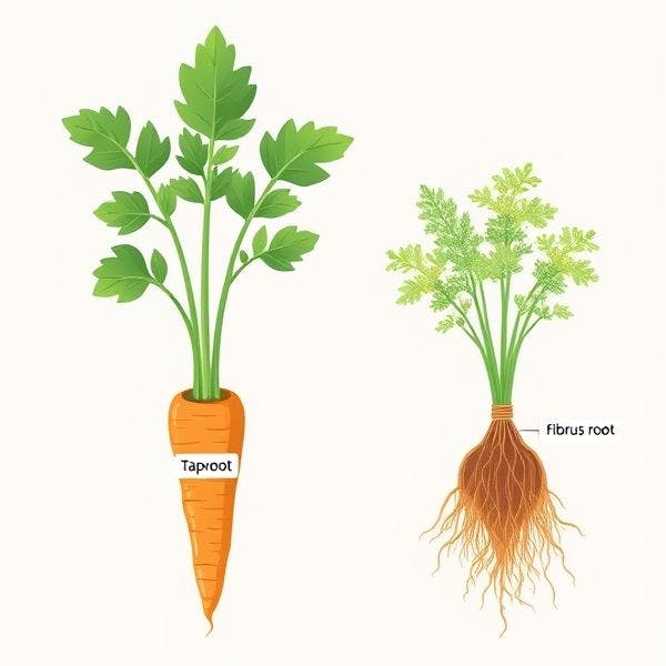 vector diagram showing 2 plant one with taproot with label like carrot and other with fibrous root with label.jpg