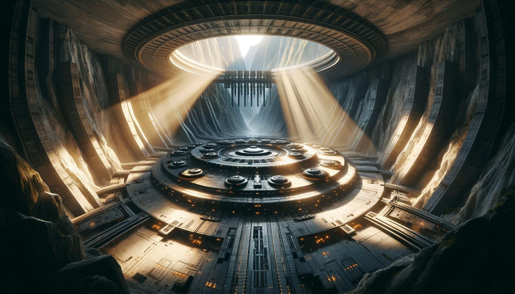 DALL·E 2024-03-06 19.18.01 - In this image, we focus on the interior of the colossal mountain hangar, capturing the moment just as the sun's rays flood in through the vast opening.jpg
