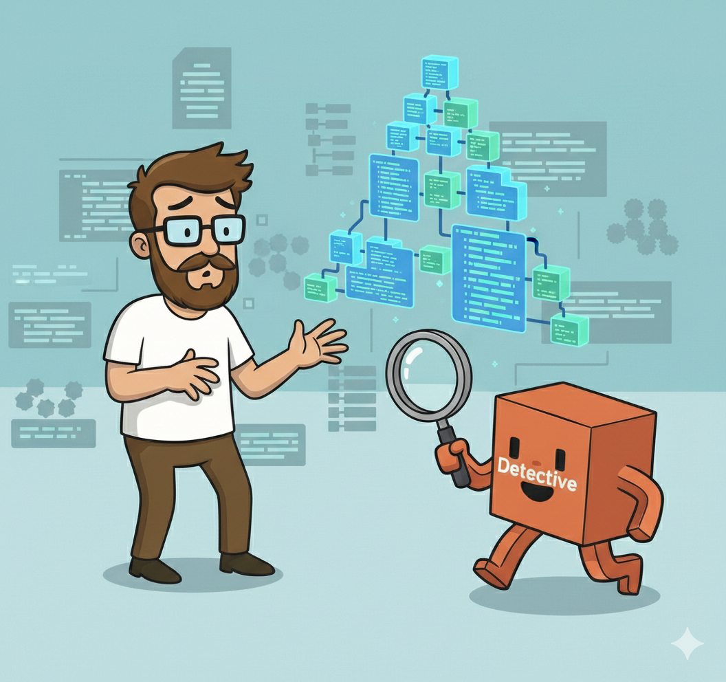 Robot-agent is carrying a  magnifying glass to a confusing AI engineer.png