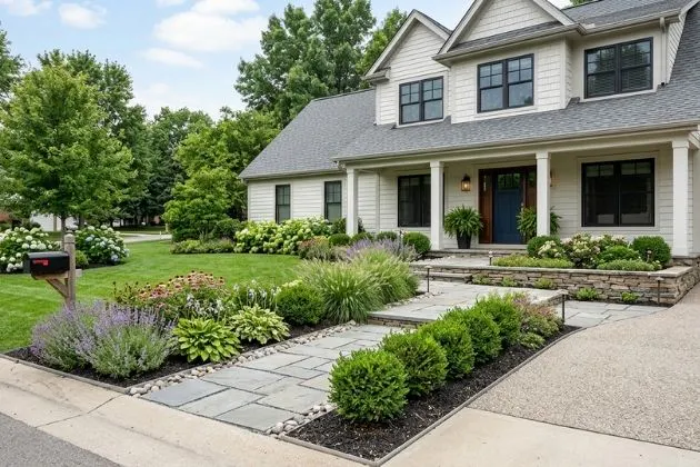 Front yard hardscaping improvements enhancing curb appeal with walkway, plants, and clean landscape design