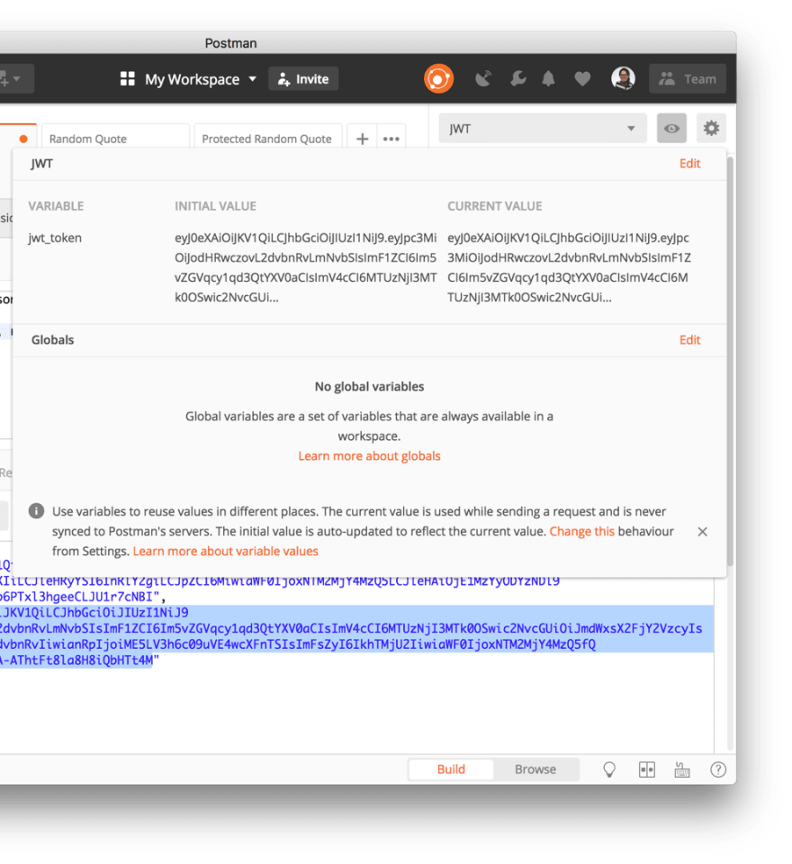 JWT saved as an environment variable