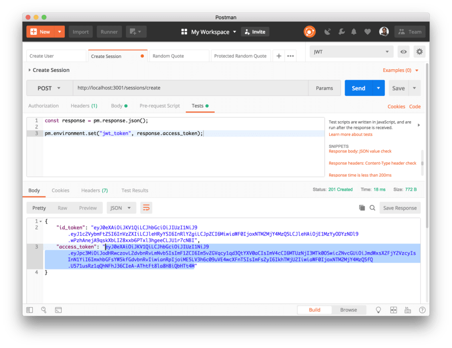 Save the access token as an environment variable under the Tests tab