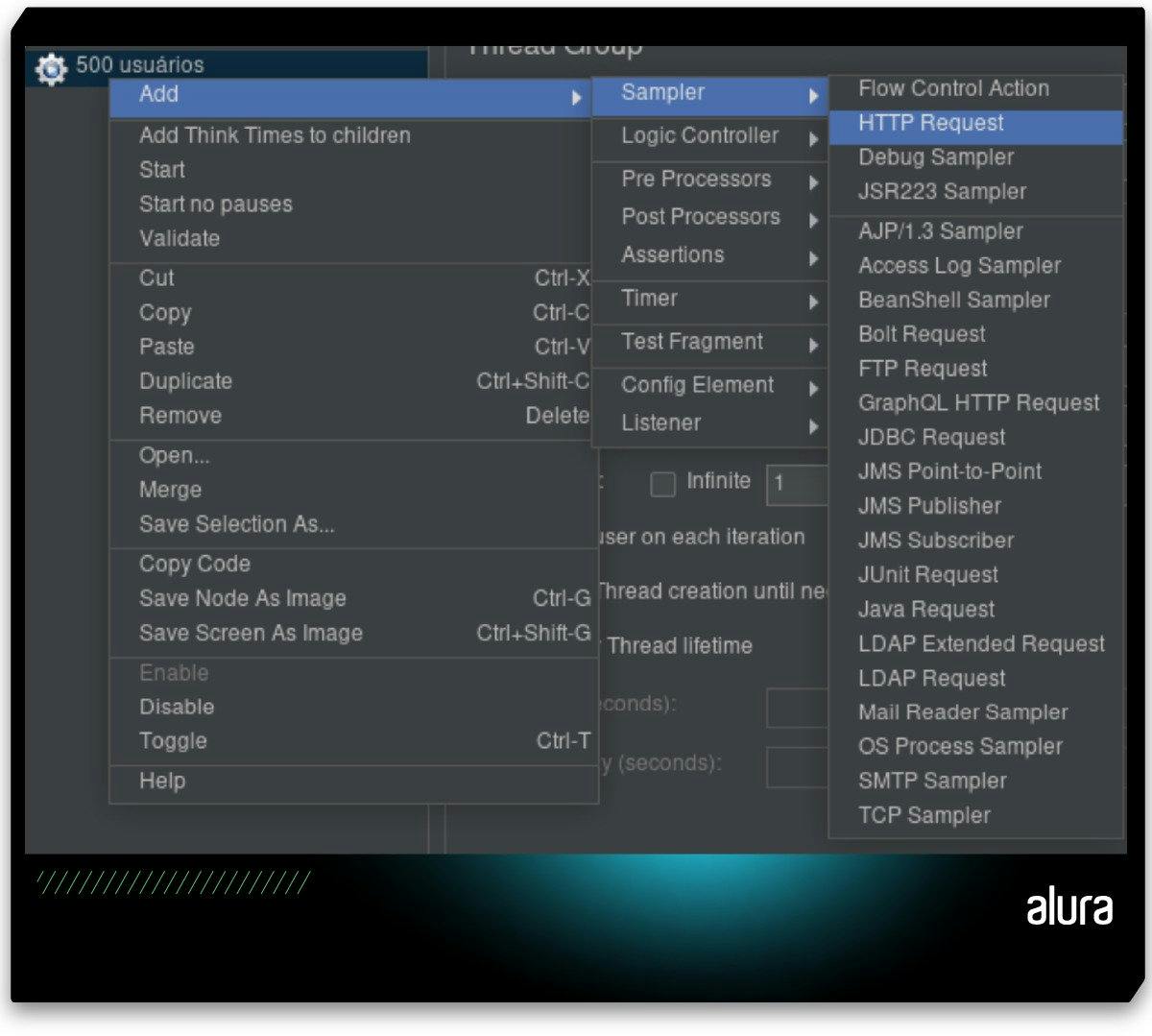 Opção para adicionar um Sampler ao Thread Group exibida ao clicar com o botão direito do mouse no Thread Group “500 usuários” e escolher a opção “Add - class=