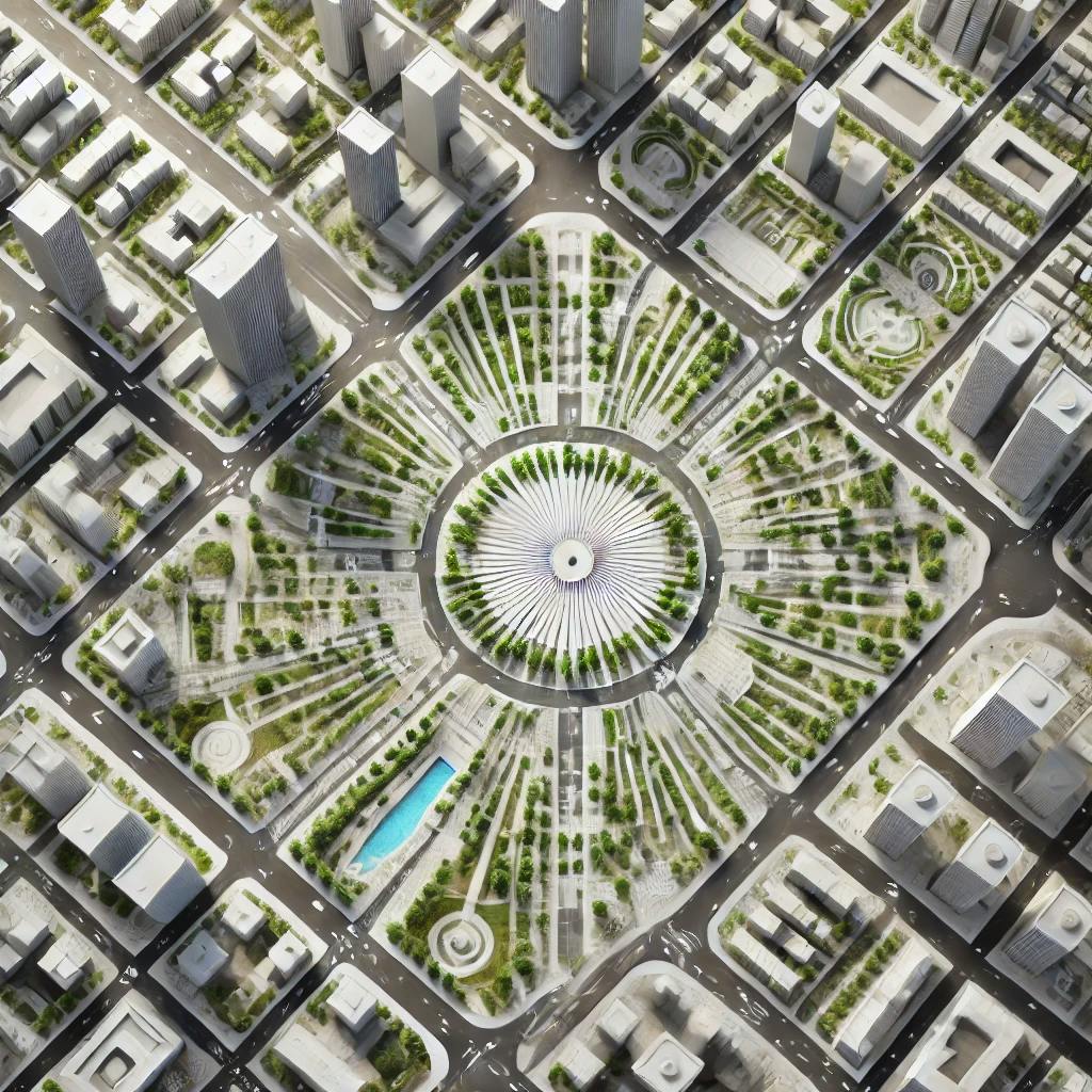 DALL·E 2025-02-12 18.21.27 - A top-down view of a futuristic city layout designed by architects. The city includes radial streets emanating from a central plaza, parks with trees,.webp