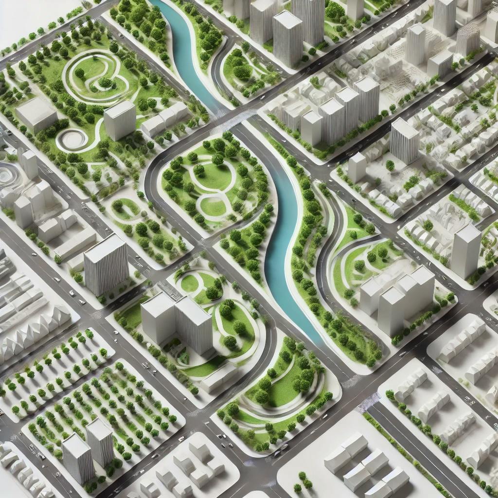 DALL·E 2025-02-12 18.21.24 - A top-down view of a modern city layout designed by architects. The city includes curving roads, parks with trees, and buildings represented as basic .webp