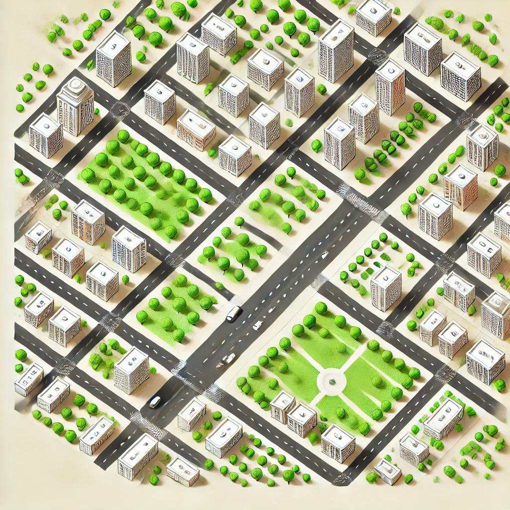 DALL·E 2025-02-12 18.21.21 - A top-down view of a simple city layout designed by architects. The city includes streets, green areas with trees, and buildings represented as basic .webp