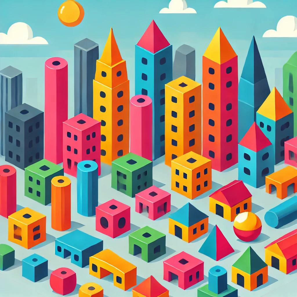 DALL·E 2025-02-12 18.17.15 - A colorful and simple cityscape where all buildings are basic geometric solids. The city features bright rectangular parallelepiped buildings, vibrant.webp