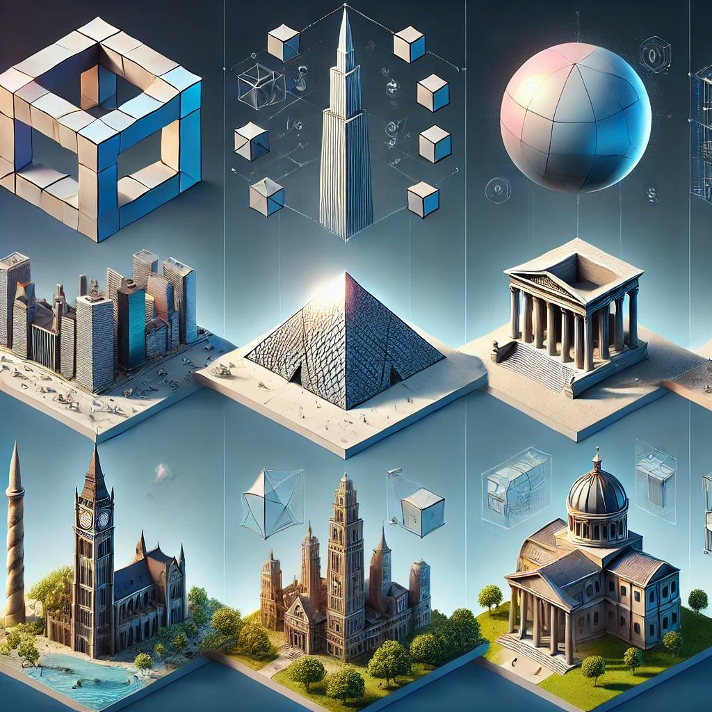DALL·E 2025-02-12 17.57.06 - A digital illustration showing how geometric solids inspire real-world architecture. The image includes six sections_ a rectangular parallelepiped ins.webp