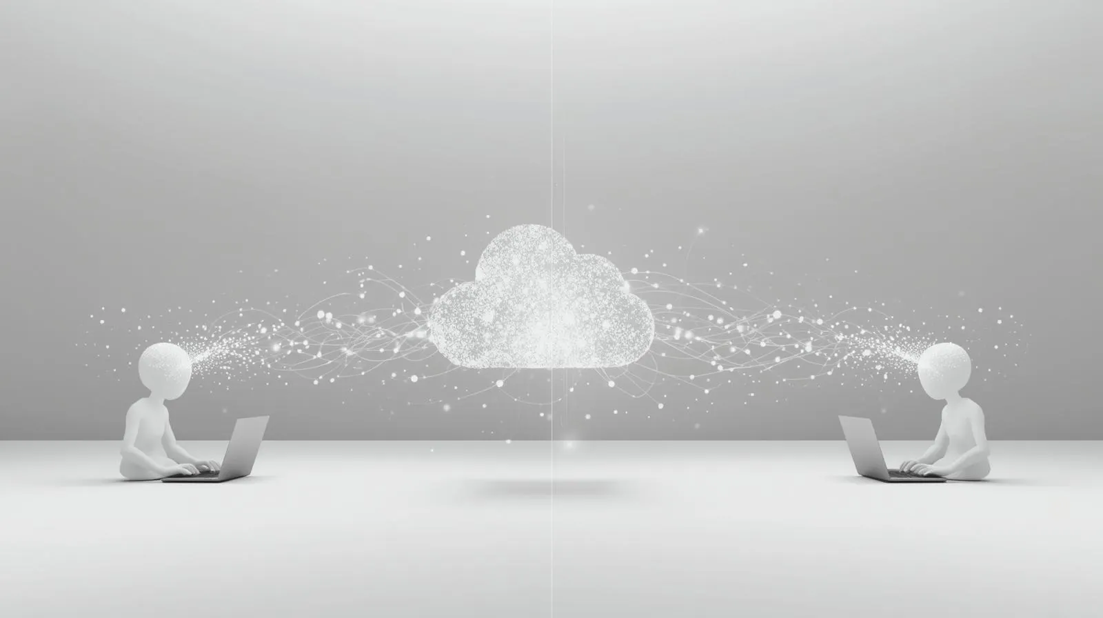 minimalistic conceptual 3D scene with two completely separate spatial zones, each containing one abstract human figure with a laptop.__the left and right sides of the image are visually isolated, with clear empty sp.jpg