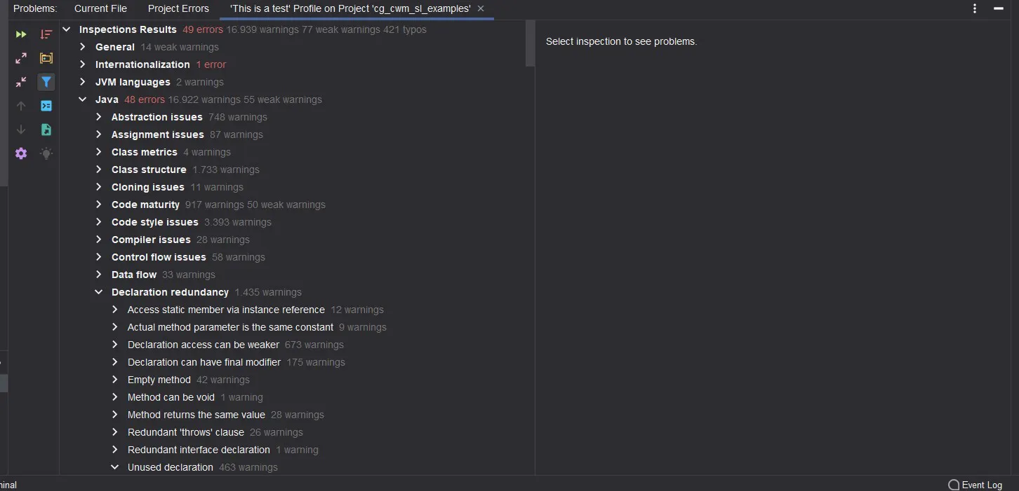 Intelli Jay Code Inspection Page showing more than 16,000 warnings, this project is a collection of snippets though, no need to worry!