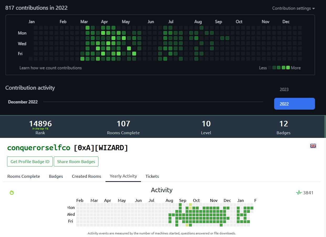 An image showing a GitHub activity calendar from 2022 and how it slowly stops and is replace by activity in a TryHackMe activity calendar.