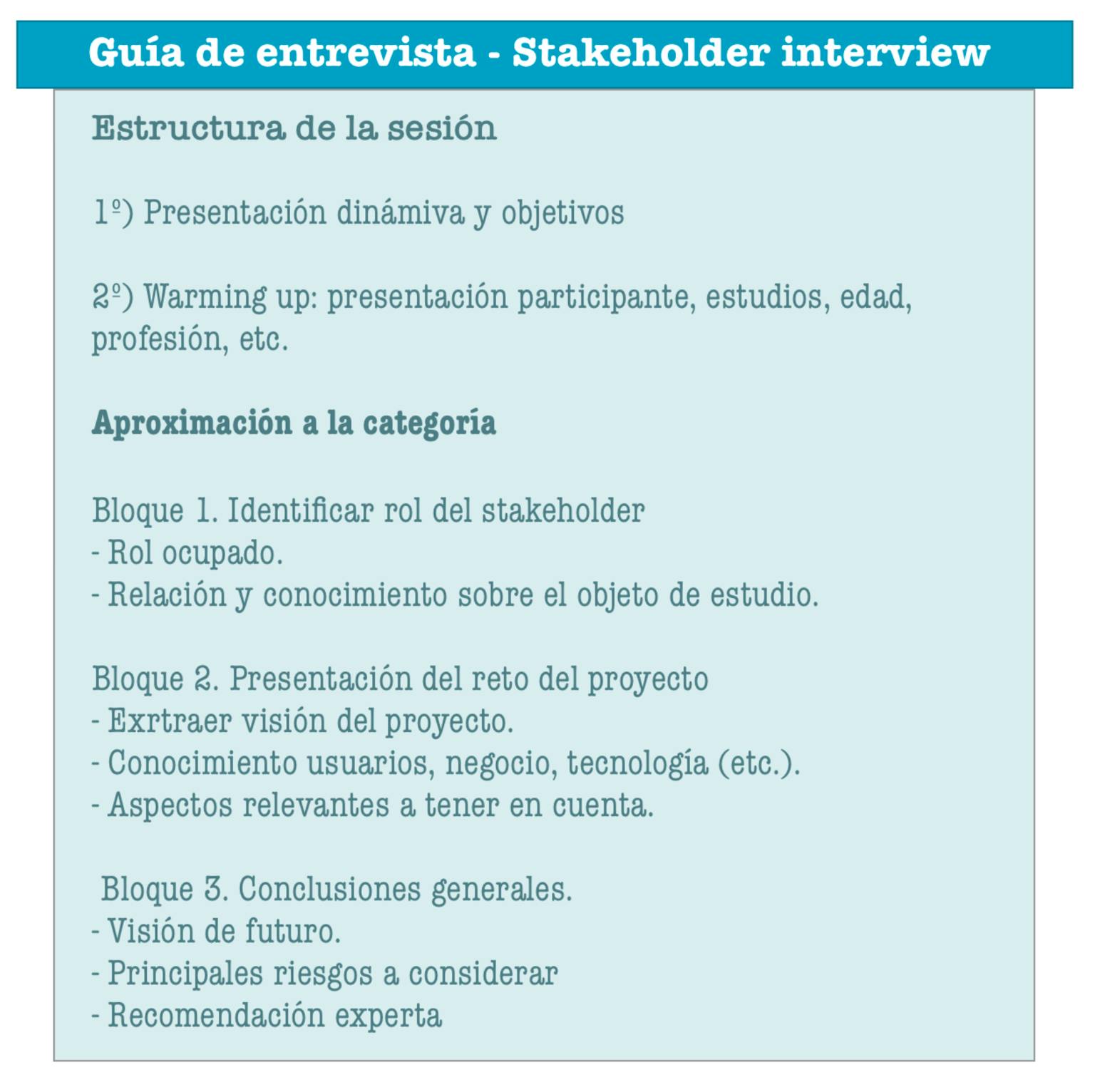 imagen mostrando texto sobre la guia de entrevista de un "stakeholder"