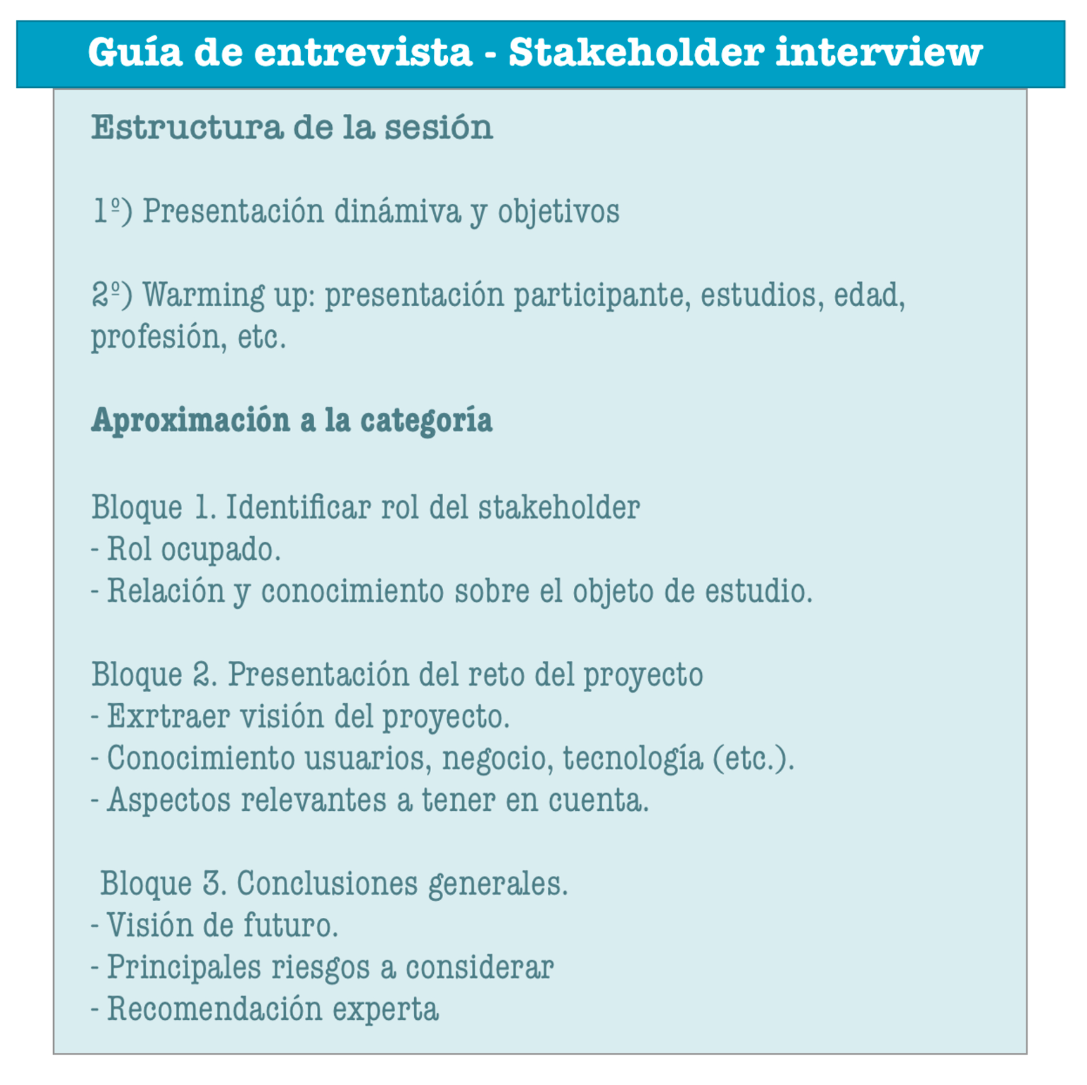imagen mostrando texto sobre la guia de entrevista de un "stakeholder"
