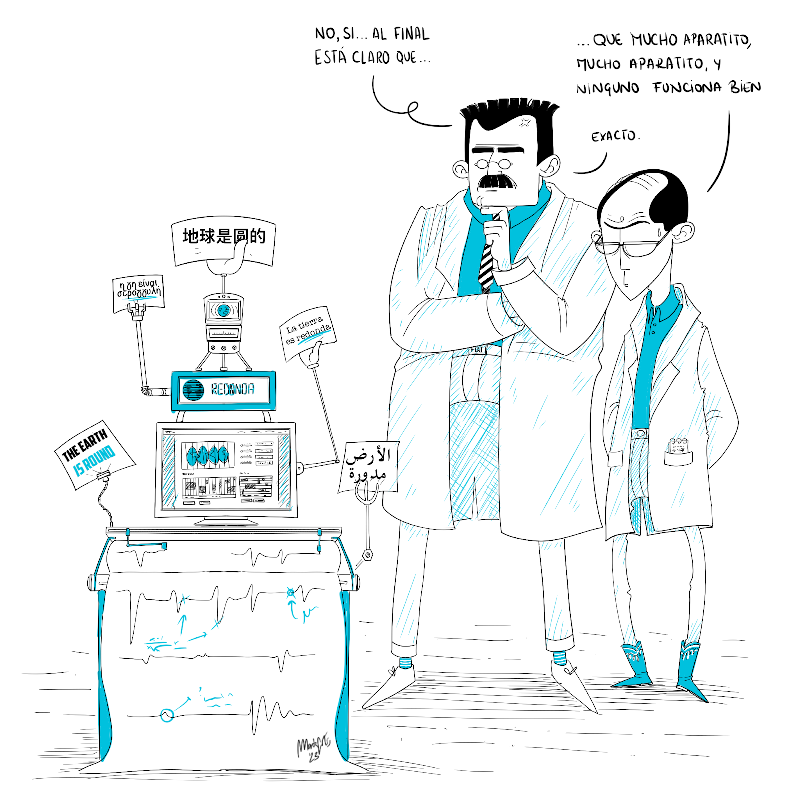 Imagen: Viñeta de dos científicos terraplanistas. Marta Solís.