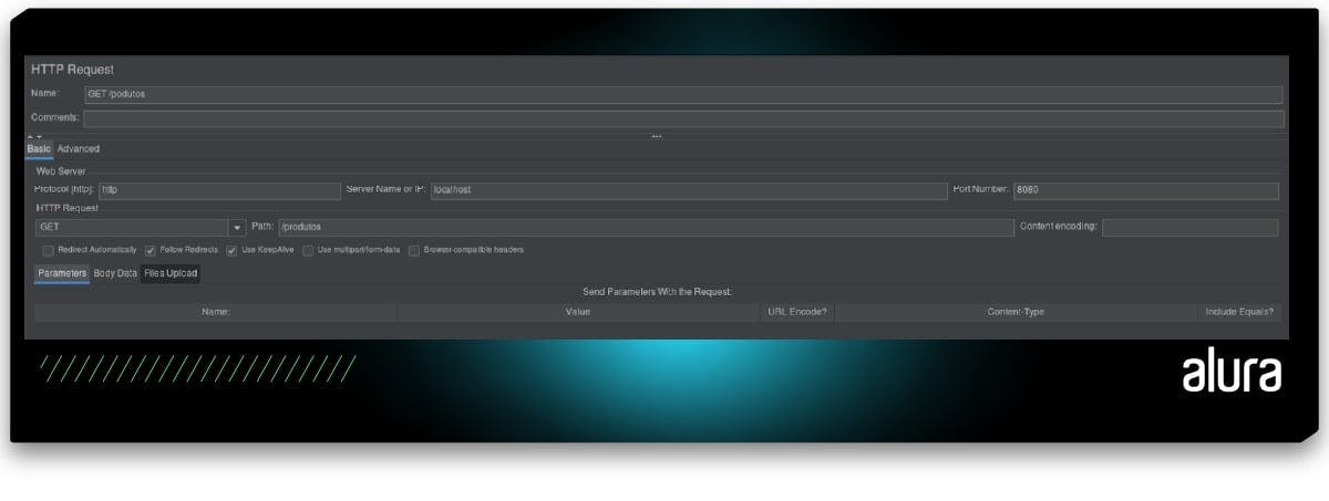 Tela de configurações do Sampler HTTP Request. O campo “Name” está preenchido com o texto “GET /produtos”, o campo “Comments” foi deixado em branco, o campo “Protocol [http]” está preenchido com o texto “http”, o campo “Server Name or IP” está preenchido com o texto “localhost”, o campo “Port Number” está preenchido com o texto “8080”, na seção “HTTP Request” a opção “GET” está selecionada, o campo “Path” está preenchido com o texto “/produtos”, o campo “Content encoding” foi deixado em branco, as opções “Redirect Automatically”, “Use multipart/form-data” e “Browser-compatible headers” estão desmarcadas, e as opções “Follow Redirects” e “Use KeepAlive” estão marcadas.