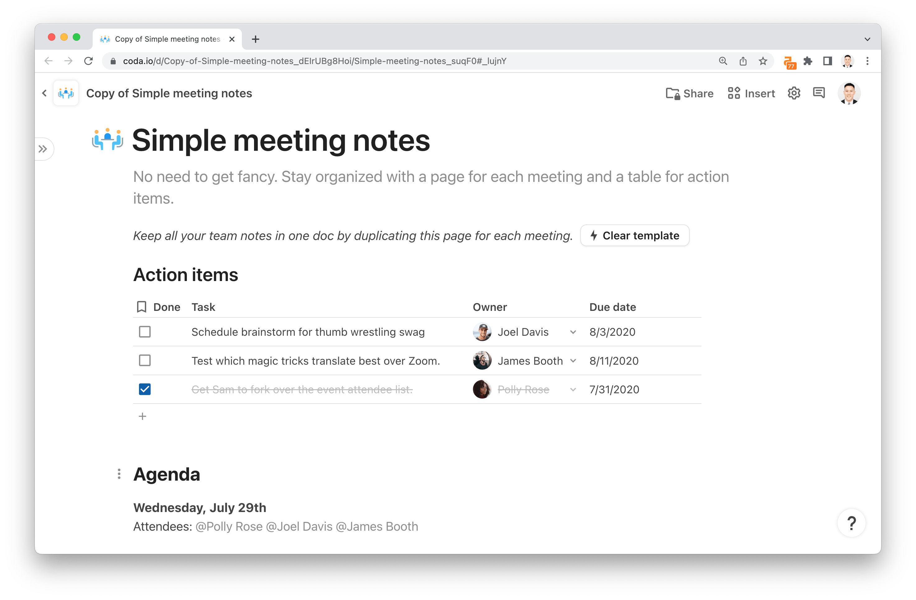 Free simple meeting notes template in Coda - stay organized with meeting notes and action items in one place