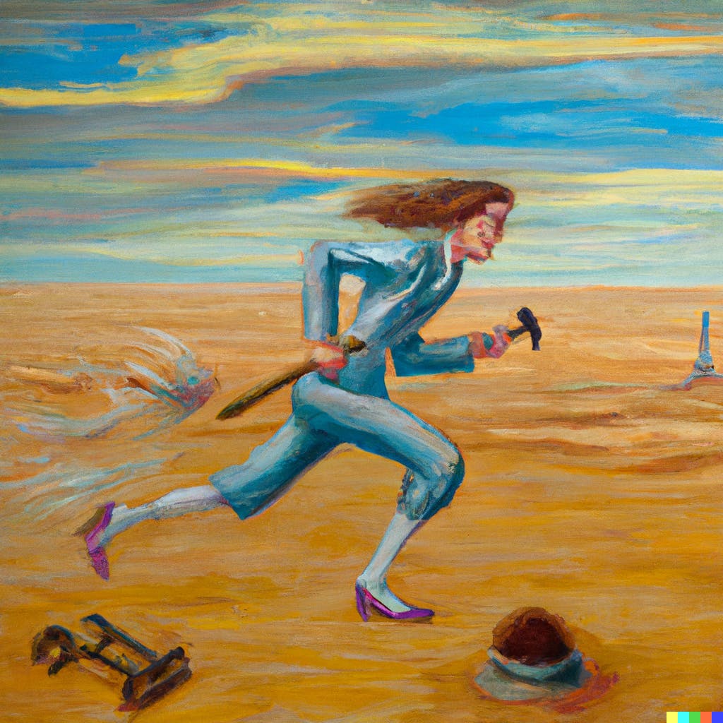 DALL·E 2023-07-14 10.19.27 - an oil painting of a non-gendered human running in a foot race through the desert, where the only other competitor is a tumbleweed made up of househol.png