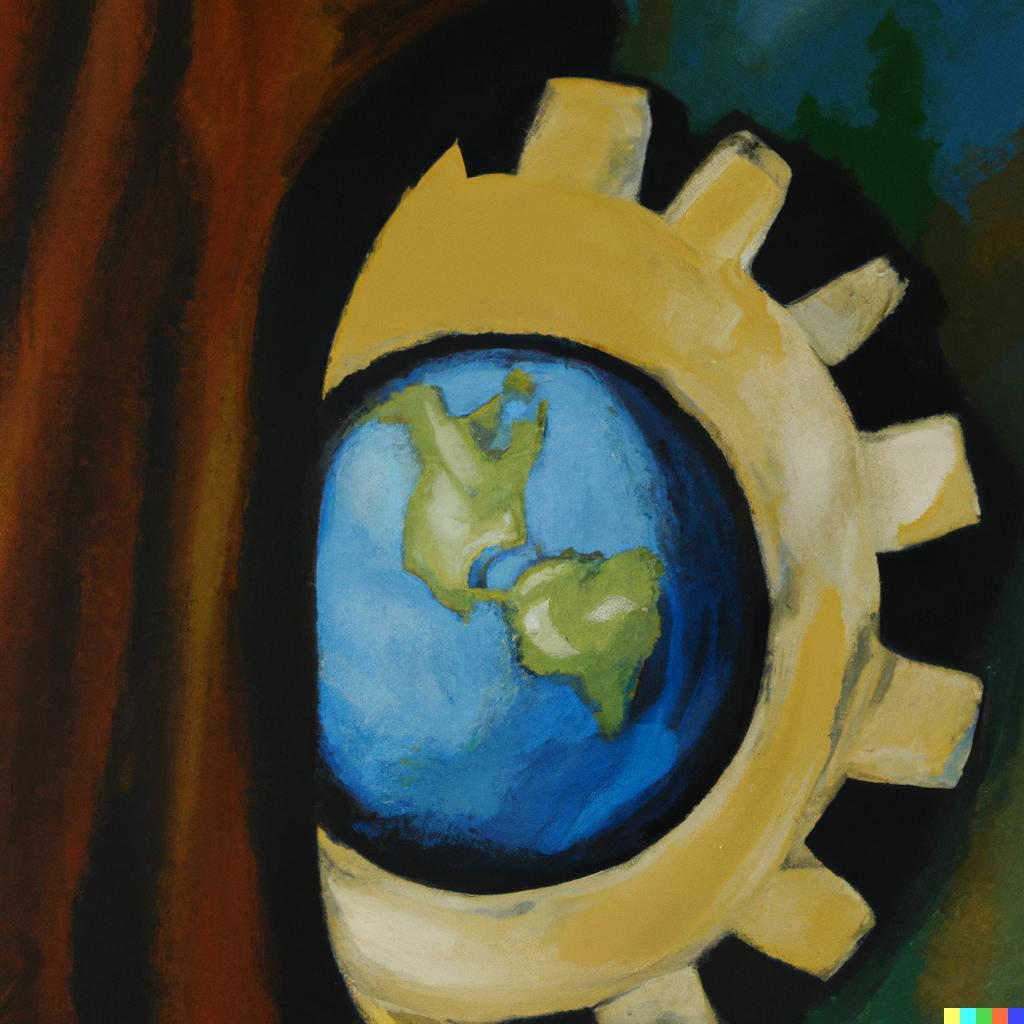 DALL·E 2023-07-16 19.25.17 - a light-filled oil painting of a tiny cog in a machine that is holding up the earth, in the style of the group of seven, particularly Lawren Harris.png