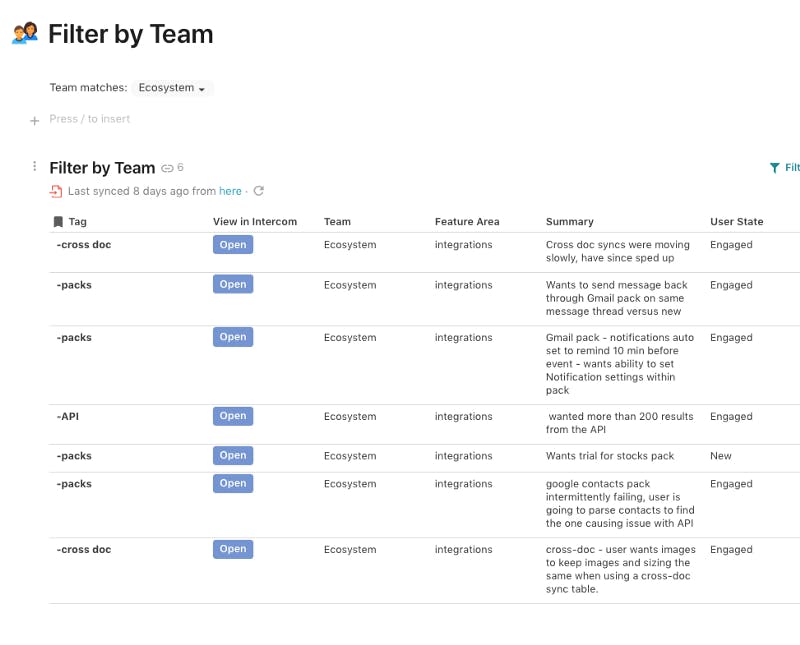 A view of quarterly customer feedback filtered by team. Coda makes it easy to share feedback with the right internal team.