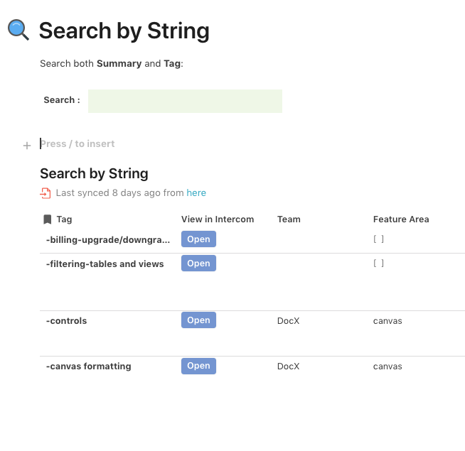 Use search in your Coda doc to find specific customer feedback.