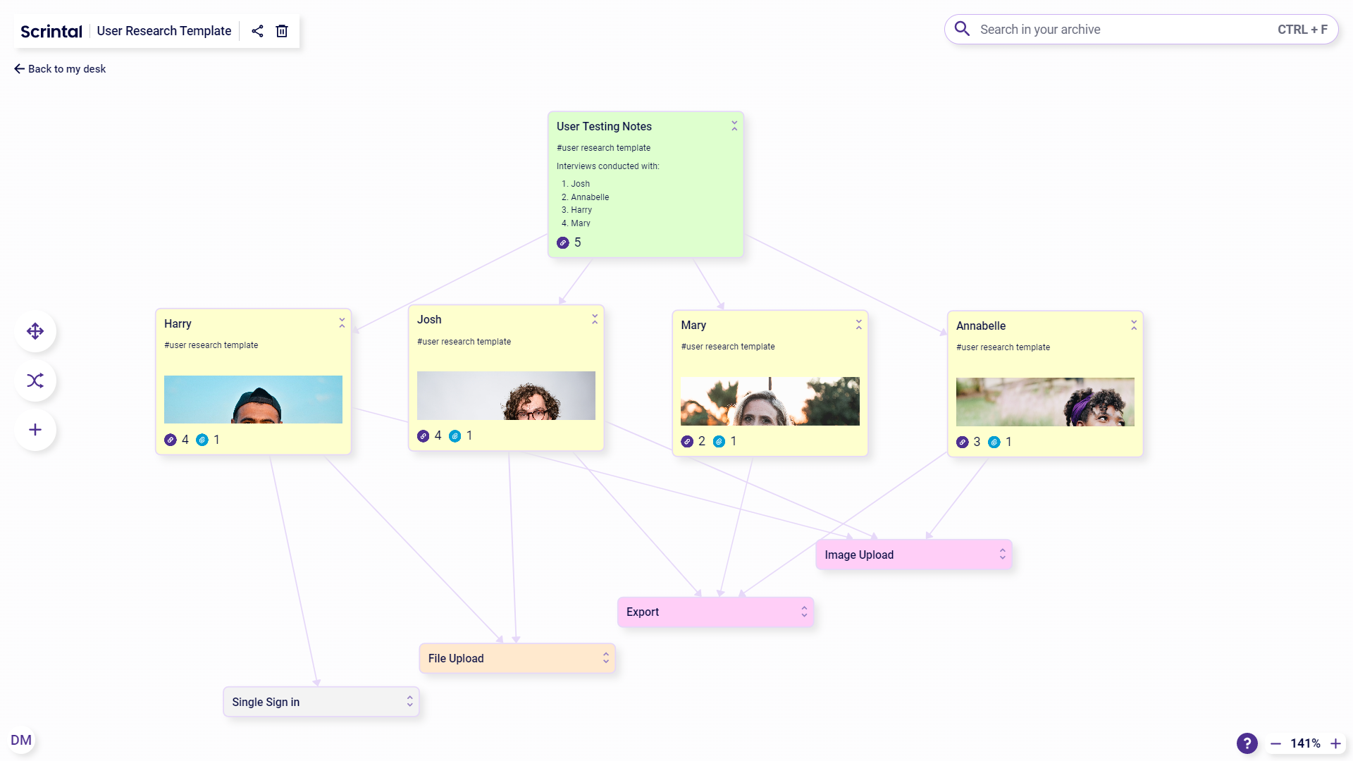 Scrintal used as a Notion alternative for Product Managers to collect, analyze and visualize user feedback in a more structured way.
