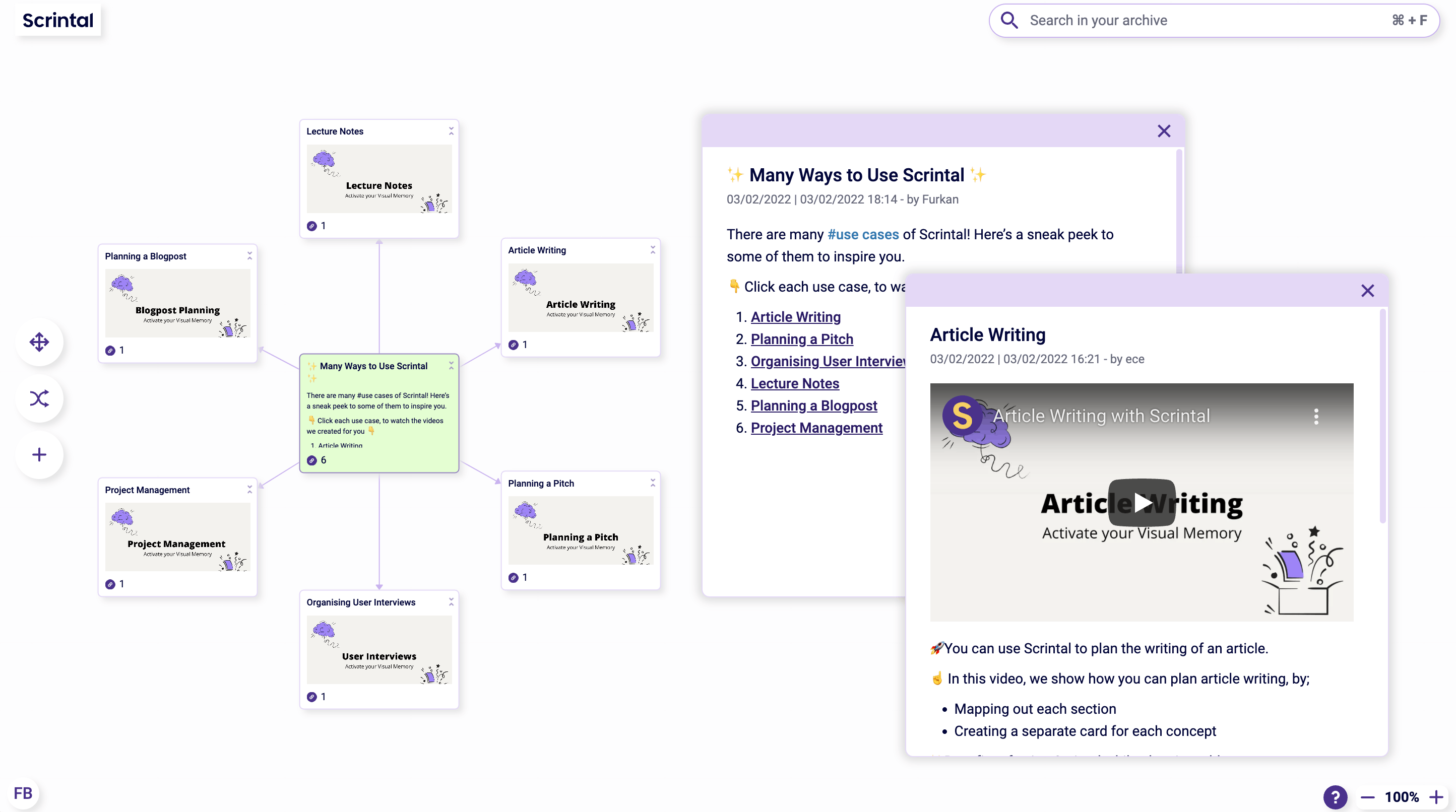 Screenshot of some Notion Alternative Use cases users can test in Scrintal.