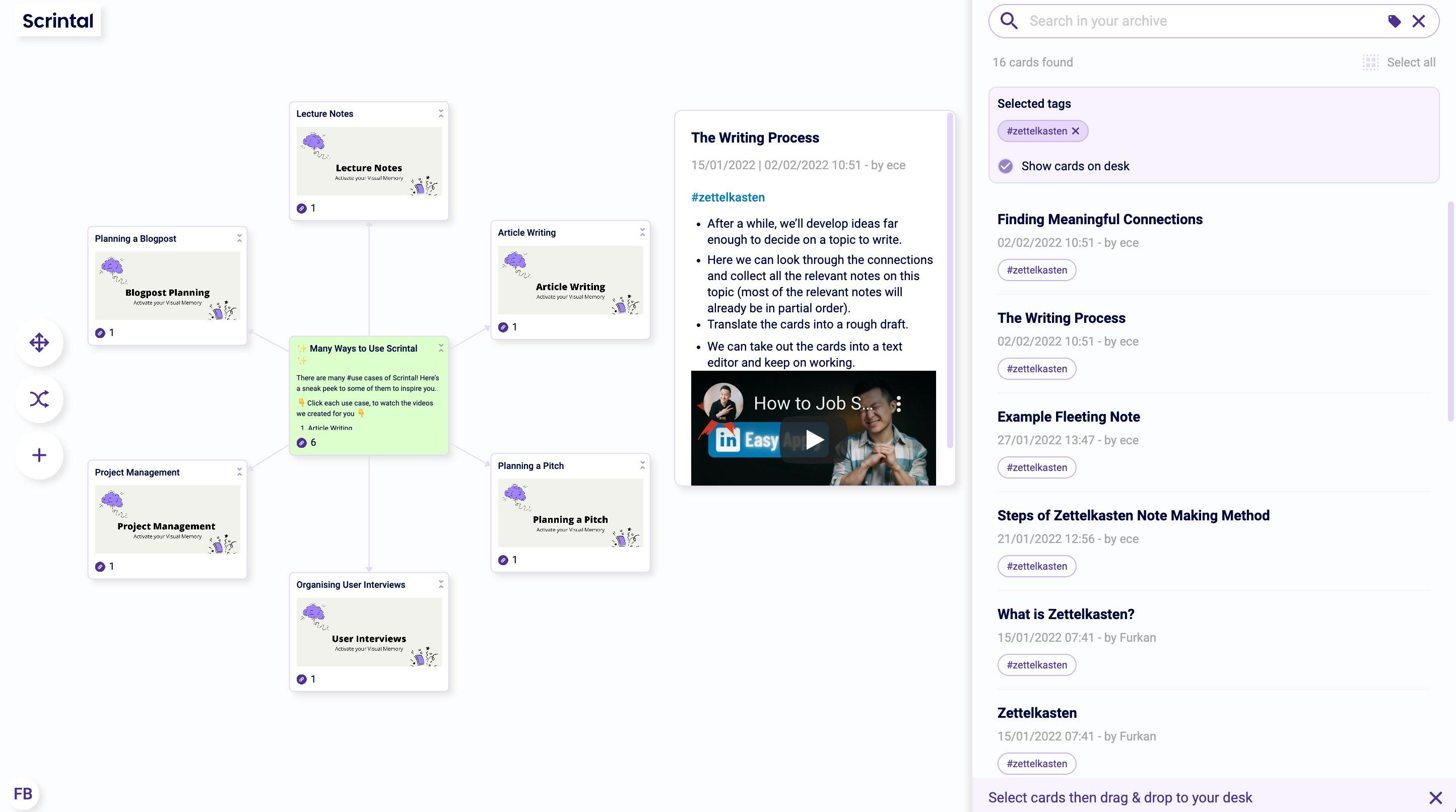 Screenshot of Scrintal desk and archive that shows that finding information can take less time on Scrintal.