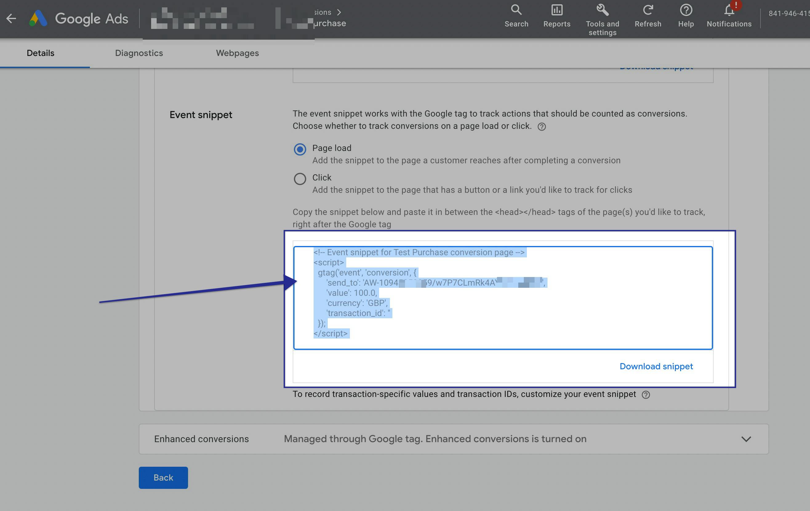 Find the conversion ID in the event snippet code.