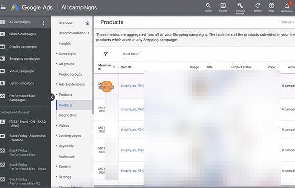 Product feed on Google Ads.