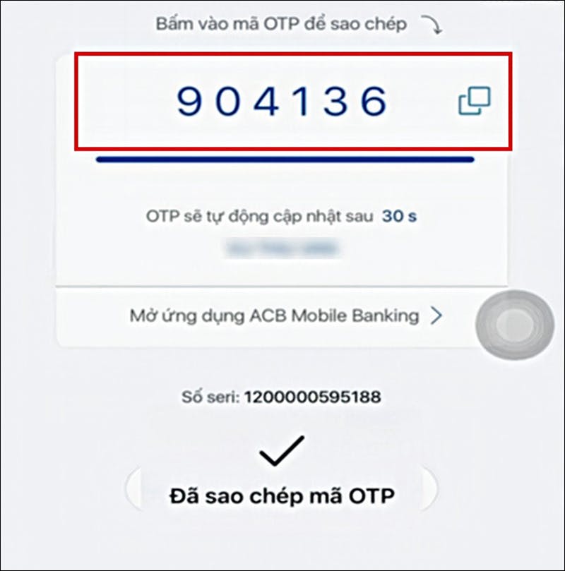 Bước 4: Sử dụng Face ID > ngân hàng sẽ hiện mã OTP ngay trên ứng dụng > Sao chép lại mã OTP > Mở ứng dụng ACB Mobile Banking > Nhập mã OTP > Hoàn thành giao dịch