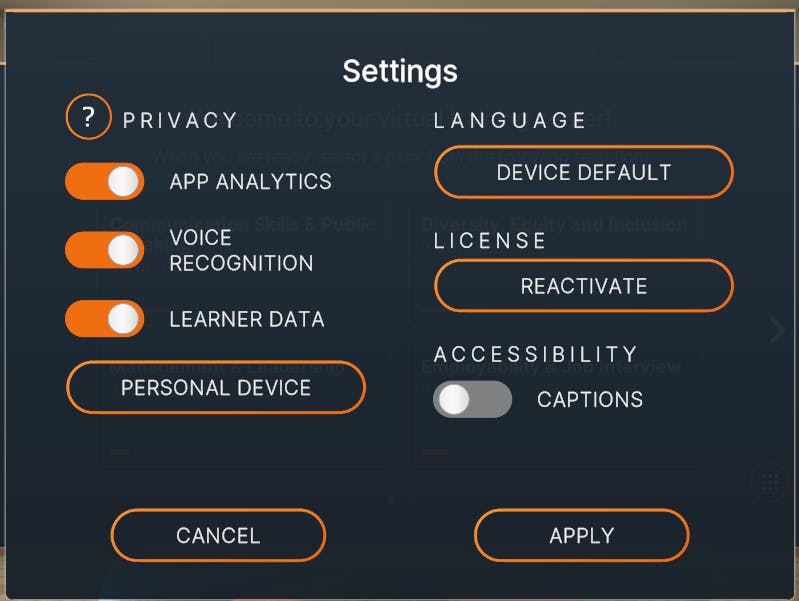 Bodyswaps app settings panel with toggle option to switch on captions