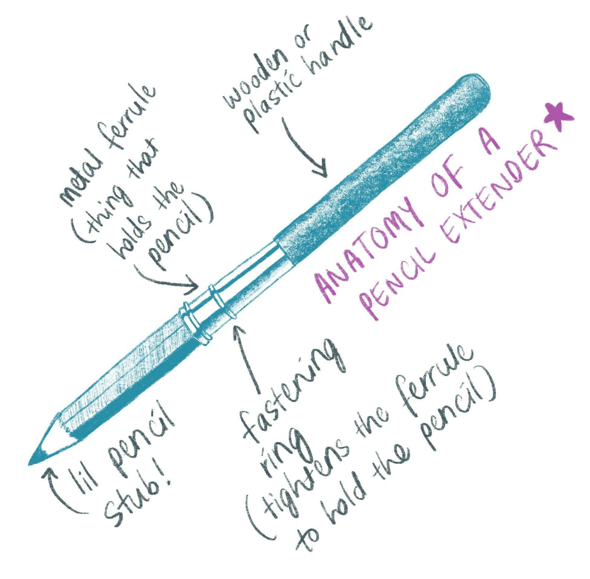 An illustration of a pencil attached to an extender. The handle, ferrule, pencil stub and fastening ring are all labelled accordingly.