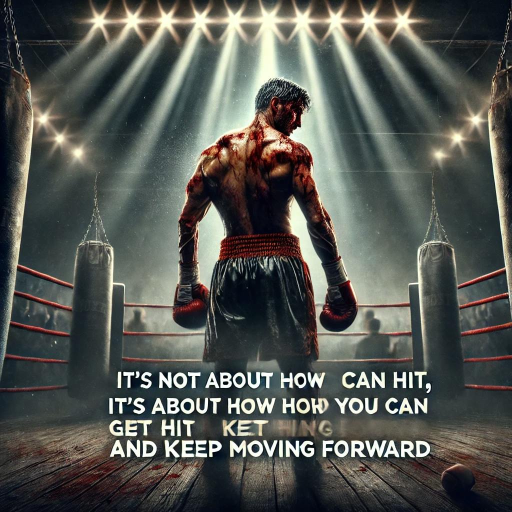 DALL·E 2024-12-19 09.37.52 - A motivational and dramatic image inspired by the quote 'It’s not about how hard you can hit, it’s about how hard you can get hit and keep moving forw.webp