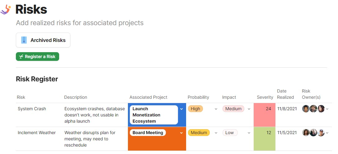 A project management risk template built in Coda - a table to register risks for associated projects