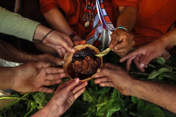 A close-up view of hands around a small bowl with amber colored honeycomb and honey in it.