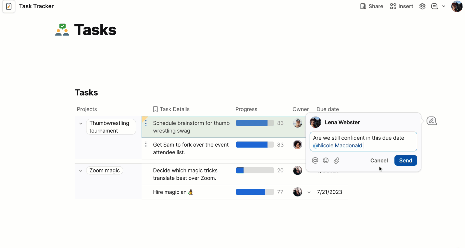 Coda.io's "how to comment" on tasks.