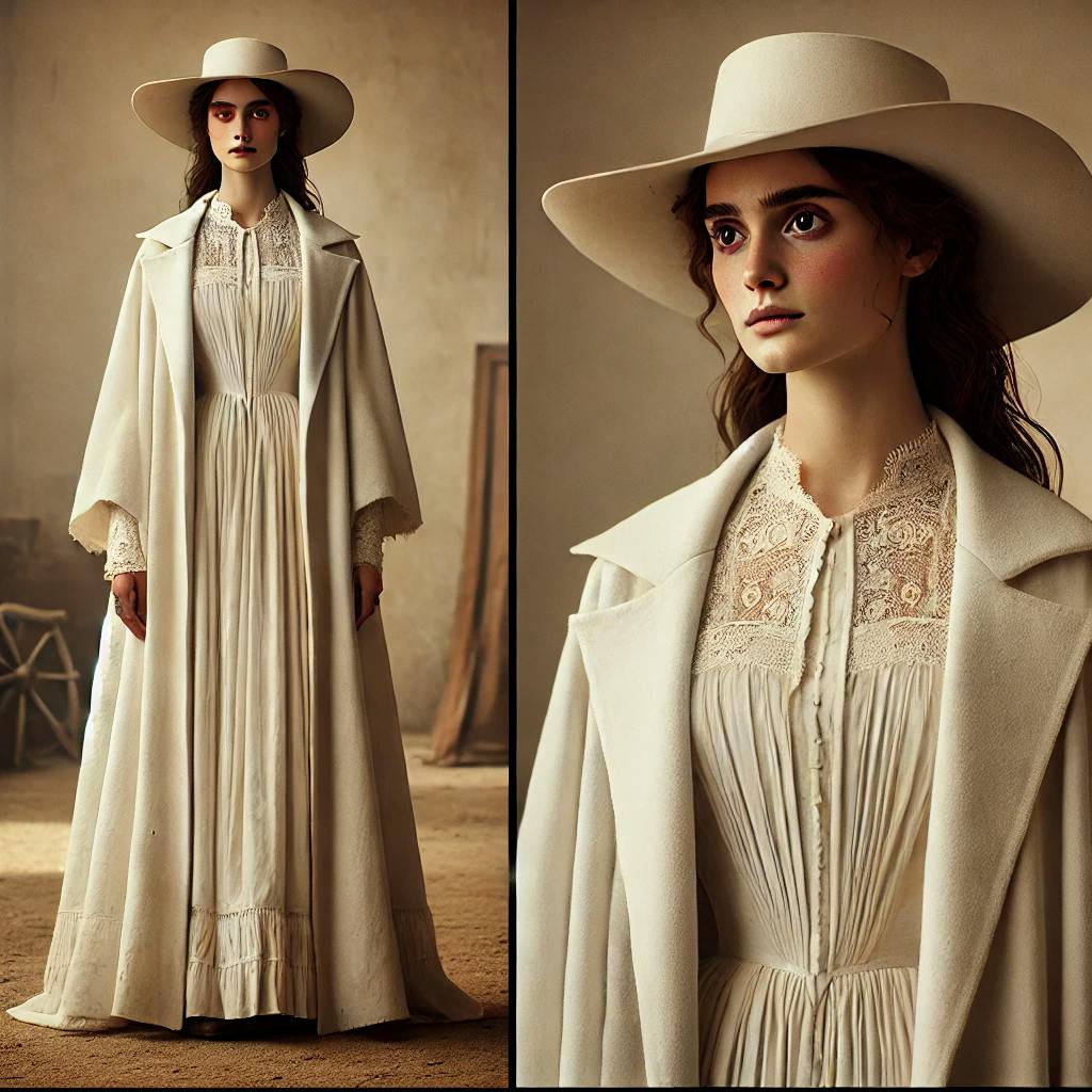 DALL·E 2024-09-22 16.49.39 - A costume concept for a Western-themed female character inspired by Penelope from the Odyssey. The character wears a long, elegant white coat, suitabl.webp