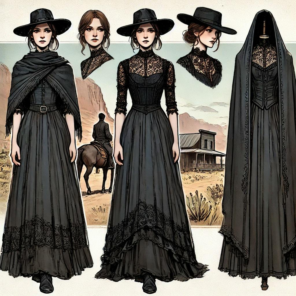 DALL·E 2024-09-22 16.51.05 - A costume concept for a Western-themed female character inspired by Penelope, but in mourning attire. The character wears a long black dress with subt.webp