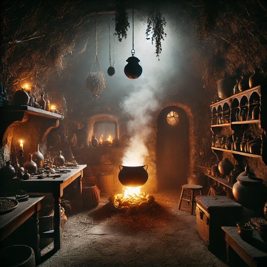 DALL·E 2024-12-14 14.39.12 - A dimly lit, atmospheric interior of a small trullo, representing Circe's lair. The space is shadowy, illuminated by the flickering light of a fire ov.webp